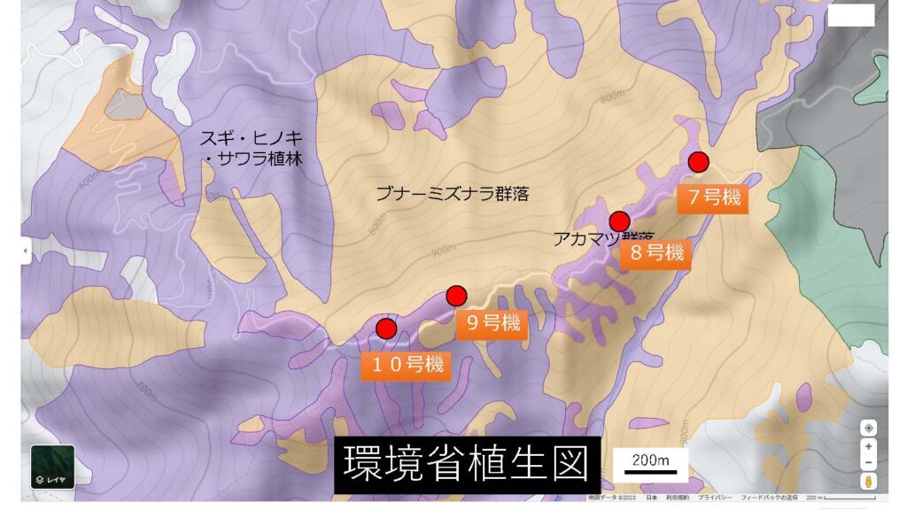 環境省植生図を示した地図